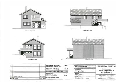 Fasadetegning som viser bygningens utseende fra fire ulike sider (Nord, Vest, Sør, Øst).