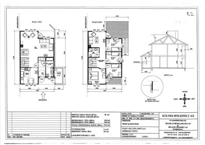 Bildet viser en tegning med etasjeplaner (PLAN 1 ETG, PLAN 2 ETG), et snitt (SNITT A-A) og en teknisk oppsummering av arealer.