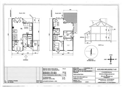 Plantegning som viser etasjeplaner (PLAN 1 ETG og PLAN 2 ETG), romfordeling, dimensjoner og snittegninger (SNITT A-A, SNITT B-B) for en bolig.
