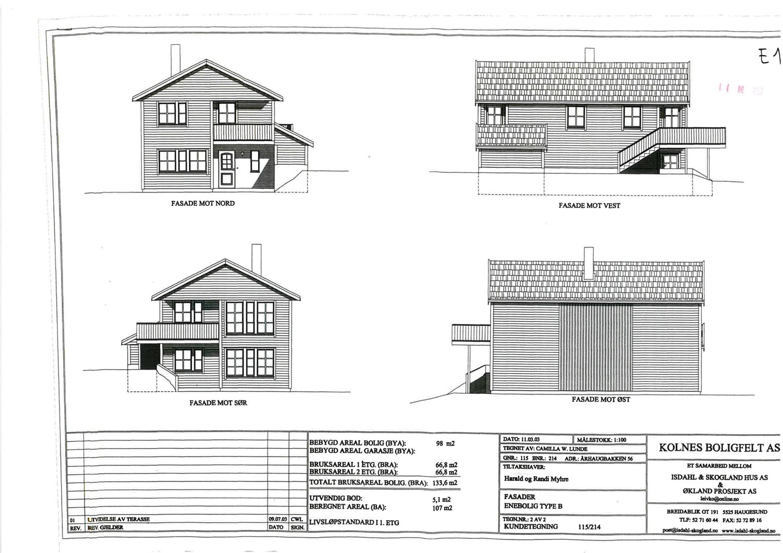 Fasadetegning som viser bygningens utseende fra fire sider (Nord, Vest, Sør, Øst).