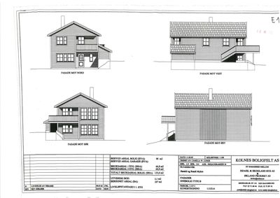 Fasadetegning som viser bygningens utseende fra fire sider (Nord, Vest, Sør, Øst).