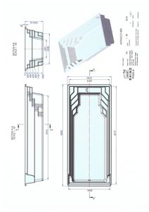 Tegning som viser detaljerte dimensjoner og snitt (A-A og B-B) av et produkt (Rhino Pools Monaco 850).