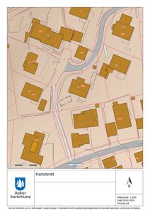 Kartutsnitt som viser bygningsplasseringer, vegnett, høydemålerlinjer og grunneiergrenser i et område i Asker kommune.