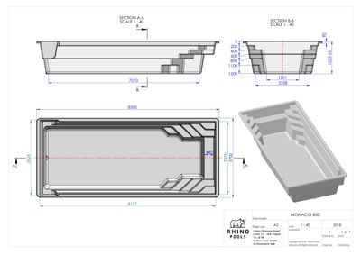 Tegning som viser snitt (SECTION A-A og B-B) og planutsnitt av en badekarform (MONACO 850) med mål og dimensjoner.