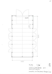 Etasjeplan (1:50) for et utstillingsbygg med romfordeling, dimensjoner og konstruksjonsdetaljer.