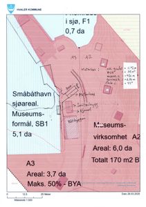 Situasjonsplan som viser tomtedeling, arealer (da), bygningstyper (A2, A3) og plassering av eksisterende eller planlagte bygg.