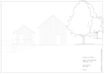 Fasadetegning som viser fronten av to bygninger med detaljer om takform, vinduer og fasadefasong.