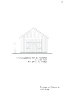 Fasadetegning (opprikk) av et utstillingsbygg sett fra vest.