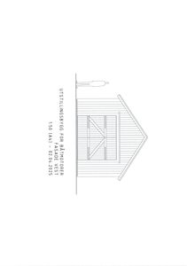 Fasadetegning (opprikk) av en bygning sett fra vest, med skisse over menneske for skala.