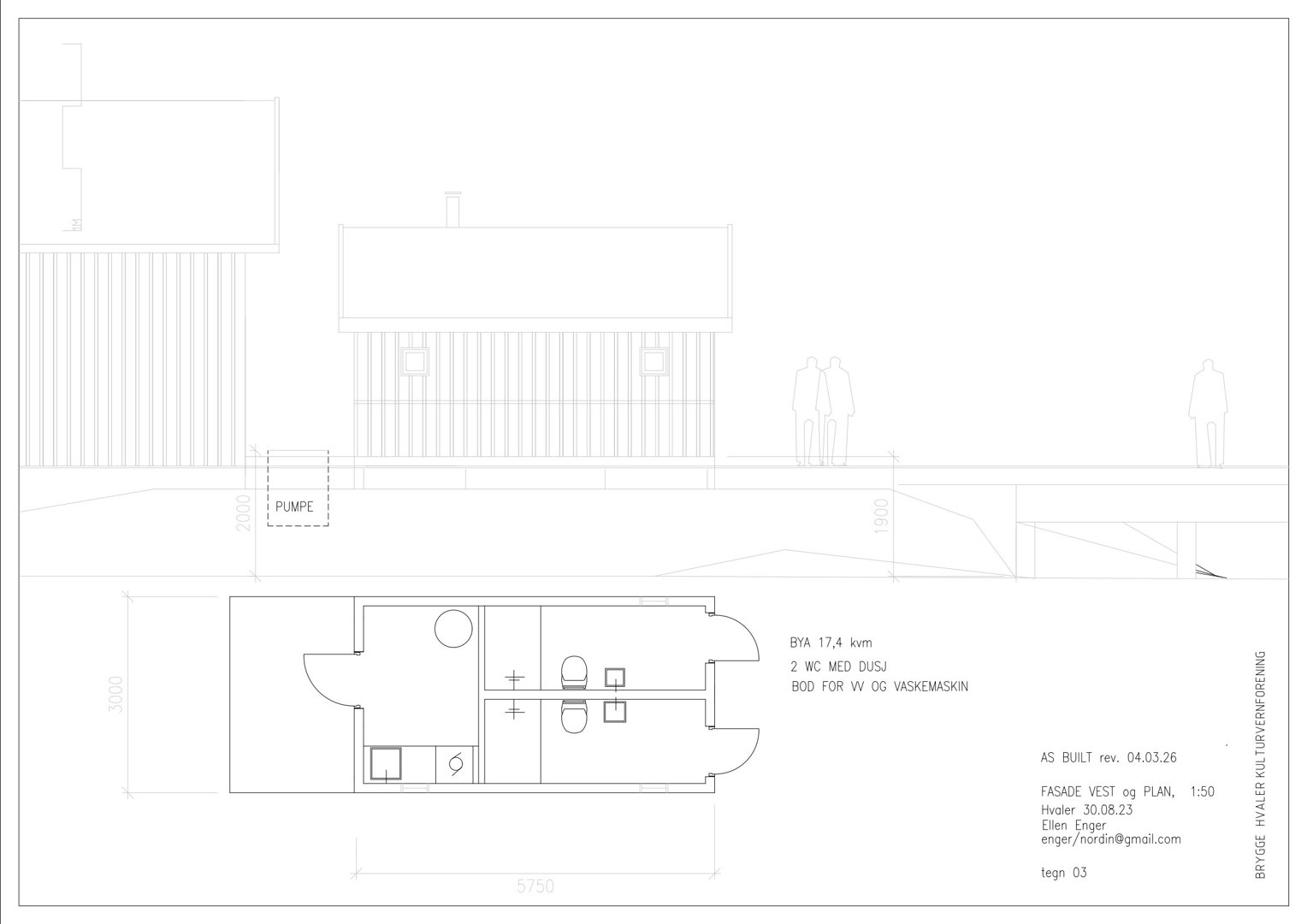 Bildet viser en fasade- og plan-tegning for en bygning. Den øvre delen illustrerer fasaden sett fra siden (vest), mens den nedre delen viser etasjeplanen med romfordeling og innredning.
