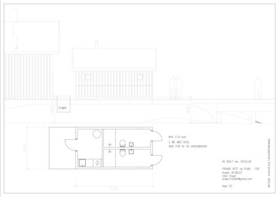 Bildet viser en fasade- og plan-tegning for en bygning. Den øvre delen illustrerer fasaden sett fra siden (vest), mens den nedre delen viser etasjeplanen med romfordeling og innredning.