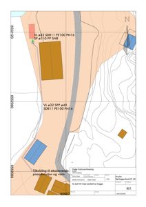 Situasjonsplan som viser tomtens beliggenhet, topografi (konturlinjer), eksisterende og planlagte bygninger, samt infrastruktur som vannledning (VL) og avløpsledning (Øvreåsdalsveien).