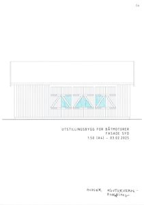 Fasadetegning (opprikk) av et utstillingsbygg sett fra syd.