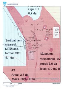 Situasjonsplan som viser tomtens arealoppdeling, bygningers plassering og forhold til sjøen.