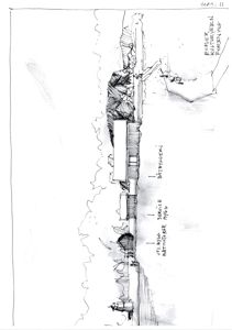 En håndtegnet oppriss (fascade) av en bygning med tekstbeskrivelser for ulike deler.