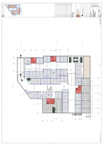 Etasjeplan (1. etg) som viser romfordeling, vegger og utstyr for en bygning.
