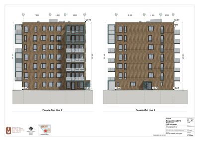 Tegning som viser fasadeoppsettet for to ulike hus (Hus 8) sett fra sør og øst. Tegningen inneholder mål på høyder, bredder og plassering av vinduer og balkonger.