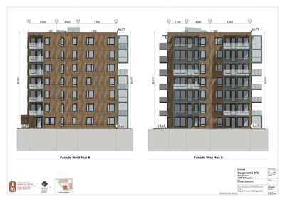 Fasadetegning som viser oppriss av bygningens fasader sett fra nord og vest, med mål og detaljer.
