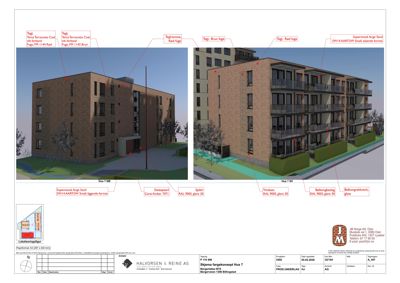 3D-visualisering av fasade og fargevalg for et fleretasjes hus, med detaljerte notater om materialer og farger.
