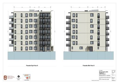 Fasadetegning som viser to sider av en bygning (Fasade Syd og Fasade Øst) med dimensjoner og detaljer.