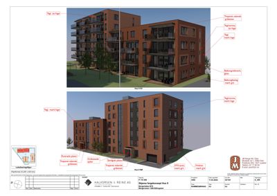 3D-visualisering av et boligprosjekt (Hus 9) med detaljerte notater om fasadematerialer og farger.