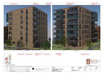 3D-visualisering av fasadekonsept for to hus (Hus 8 NB og Hus 5 SV) med detaljerte farge- og materialevalg (vinduer, fasade, balkonger, trapper).