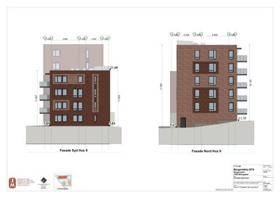 Tegning som viser fasadeoppsettet for 'Hus 9', med to utsnitt: 'Fasade Syd' og 'Fasade Nord'. Tegningen inneholder mål, vindusoppsett og materialebeskrivelser.