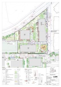 Landskapsplan som viser tomtens situasjon, beplantning, terrengforminger og plassering av bygninger.