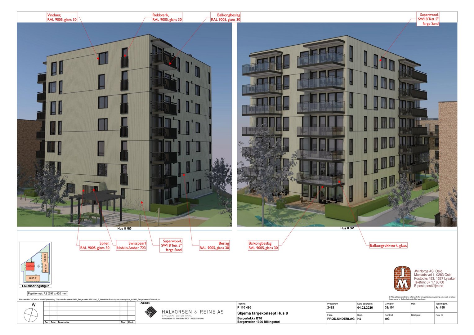 3D-visualisering (rendering) av to bygninger (Hus 8 NB og Hus 9 SV) med angitte fasadematerialer, samt en liten situasjonsplan i bunnen.