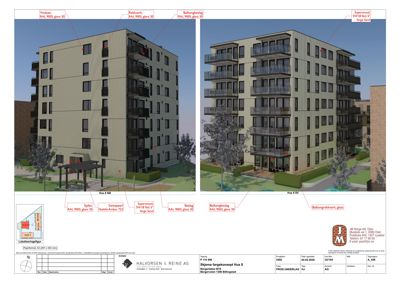 3D-visualisering (rendering) av to bygninger (Hus 8 NB og Hus 9 SV) med angitte fasadematerialer, samt en liten situasjonsplan i bunnen.