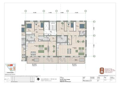 Etasjeplan for 1. etasje av et flerboligbygg (Hus 9A), som viser romfordeling, arealer og møblering.