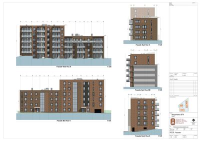 Fasadetegninger for flere bygninger (Hus 9, 9B og 9T) med oppriss av fasader, vinduer og balkonger.