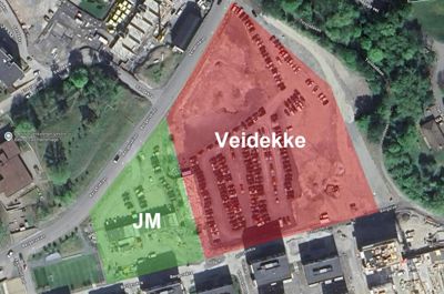 Satellittbilde (kart) som viser eiendomsgrenser, veier og nabolag.