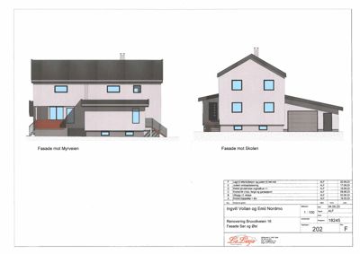 Fasadetegning som viser bygningens utseende fra to sider: 'Fasade mot Myrveien' og 'Fasade mot Skolen'.