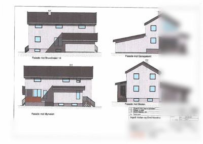 Fasadetegninger for en bygning med utsnitt mot Bruvollveien 14, Garasjetomt, Myrveien og Skolen.