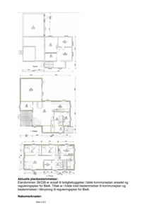 Bildet viser etasjeplaner for et hus (kjeller, 1. etasje og 2. etasje) med romfordeling, dimensjoner og tekstbeskrivelser om planbestemmelser.