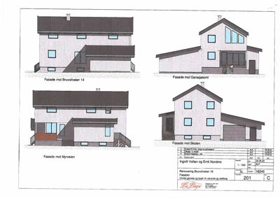 Fasadetegninger for en bygning med utsnitt mot Bruvollveien 14, Garasjetomt, Myrveien og Skolen.