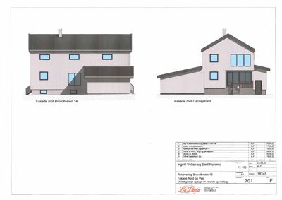 Fasadetegning som viser bygningens utseende fra to sider (Nord og Vest).