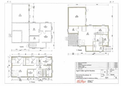 Plantegning som viser romfordeling og mål for kjeller, 1. etasje og 2. etasje av en bolig.