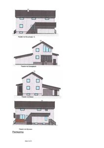 Bildet viser fire forskjellige fasadetegninger av en bygning sett fra ulike sider (Bruvollveien, Garasjetomt, Skolen og Myrveien).