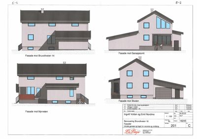 Fasadetegninger for en bygning med fire utsnitt (mot Bruvollveien 14, mot Garasjetomt, mot Myrveien og mot Skolen).