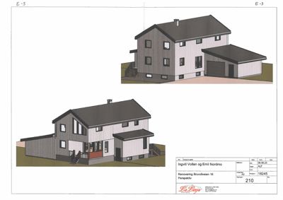 3D-visualisering (perspektiv) av en planlagt eller renoveringsmessig bygning med garasje.