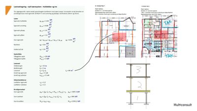 Dette bildet viser en teknisk beregning for et nytt bæresystem (hulldekker og tre) i en byggesak. Det inkluderer lasteregning, dimensjoneringsdata og en tegning som illustrerer lastoverføring og konstruksjon.
