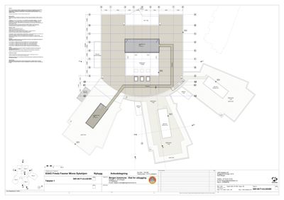 Etasjeplan (taleting 1) som viser romfordeling, vegger og inngangspunkt for en nybygget bygning.