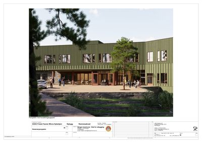 3D-visualisering (rendering) av etasjeplanen for en nybygg-sak for Frisa Faamer Minne Sykehjem. Bildet viser fasaden, landskapet og omgivelsene.