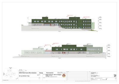 Tegning som viser fasadeoppsettet (farge og materialer) for et nytt bygg (Frammebakn).