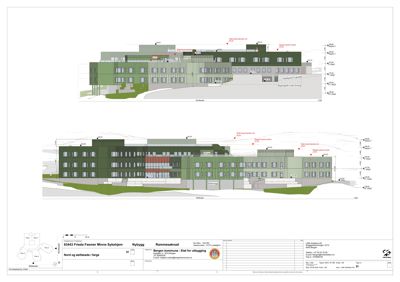 Tegning som viser nord- og østfasade på et nytt bygg (Rammesaknad) for Frøya Flesner Minne Sykehjem.