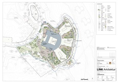 Situasjonsplan (tomteplan) som viser plassering av bygninger, veier, parkområder og terrengforhold på tomten.