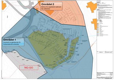 Situasjonsplan som viser to ulike områder (Område 1 og 2) med fargekodet status for byggeaktivitet, samt en 'NO-GO' soner. Planen inneholder også en forslagstabell og en nøkkel.
