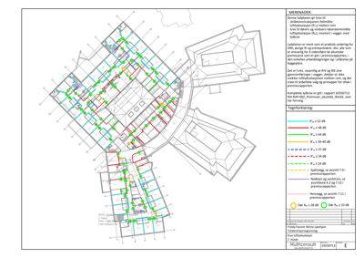 Etasjeplan med romfordeling og lydisolering (Rw) for et sykehjem, inkludert merknader om krav til luftisolering og lydbrav.